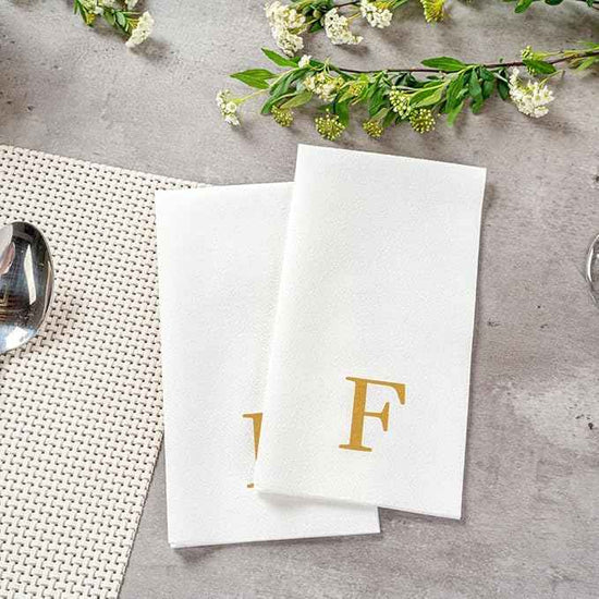 Luxenap 15.8 X 7.9 Inch Linen-Feel Guest Towels, 2000 Lettered Hand Towels - Gold Letter 'F', Sans Serif Font, White Paper Dinner Napkins, airlaid, For Restrooms And Tables - Restaurantware