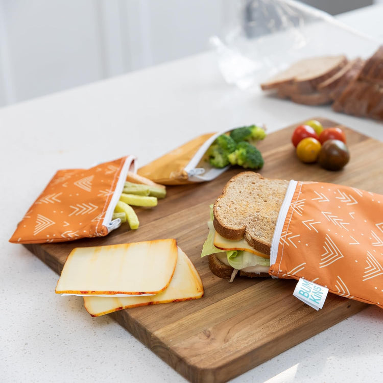 Bumkins - Cloth Snack & Sandwich Bags - For Storage, Travel, Food Prep, Lunch - Reusable, Water Resistant, Washable, Dishwasher Safe - Snack Bags for Kids - Zipper Closure - Desert Boho - 4 Pack