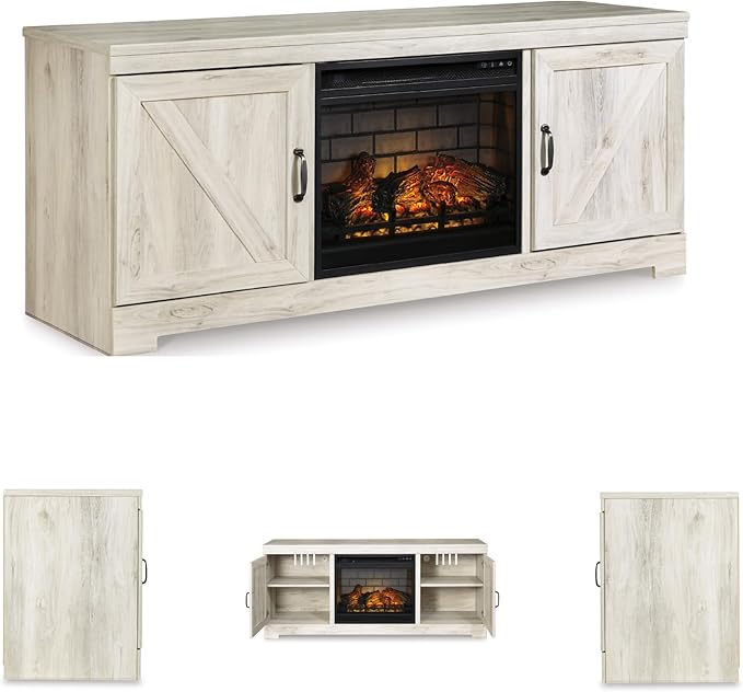 Signature Design by Ashley Bellaby Farmhouse 63" TV Stand with Electric Fireplace for TVs up to 72", Whitewash