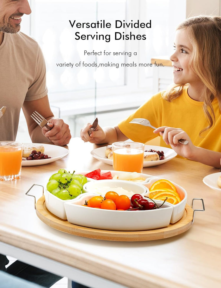 Ceramic Divided Serving Dishes with Bamboo Tray,360° Rotatable Serving Bowls with Handles for Party,5 Removable Relish Tray,11.2 Inch Appetizer Serving Dish for Chips & Dip, Veggies, Candy & Snacks