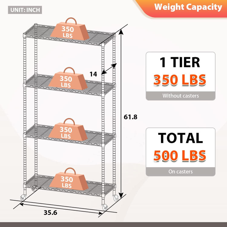 FDW Wire Shelving Storage Shelves 4-Shelf Adjustable NSF Wire Shelf Heavy Duty Storage Shelving Unit on 3” Wheel Casters Commercial Metal Rack 36L x 14W x 62H,Black