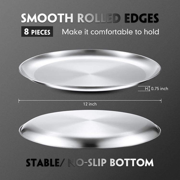 Thenshop 8 Pieces 12 Inch Pizza Pans Bulk Stainless Steel Sets Round Bakeware Pizza Trays for Oven Kitchen Baking Home Restaurant Picnics Holiday Activities Safe Sturdy Reusable Easy Clean(Silver)