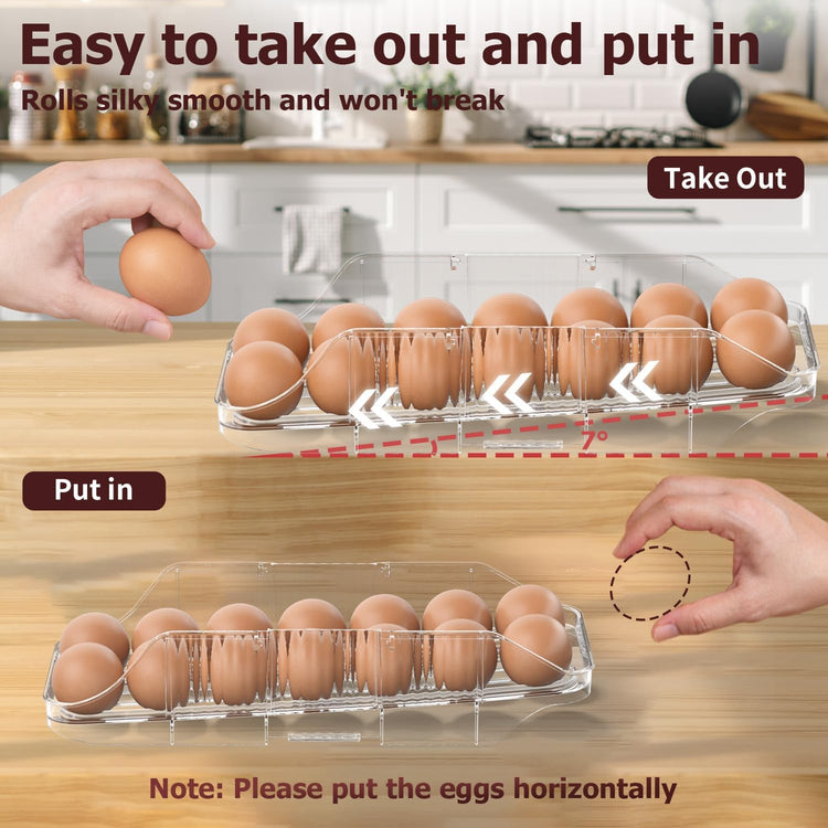 Automatic Rolling Egg Holder for Fridge, Clear Plastic Egg Organizer with Handle for Refrigerator, Egg Container for Kitchen Storage, 1 Row 3 layers