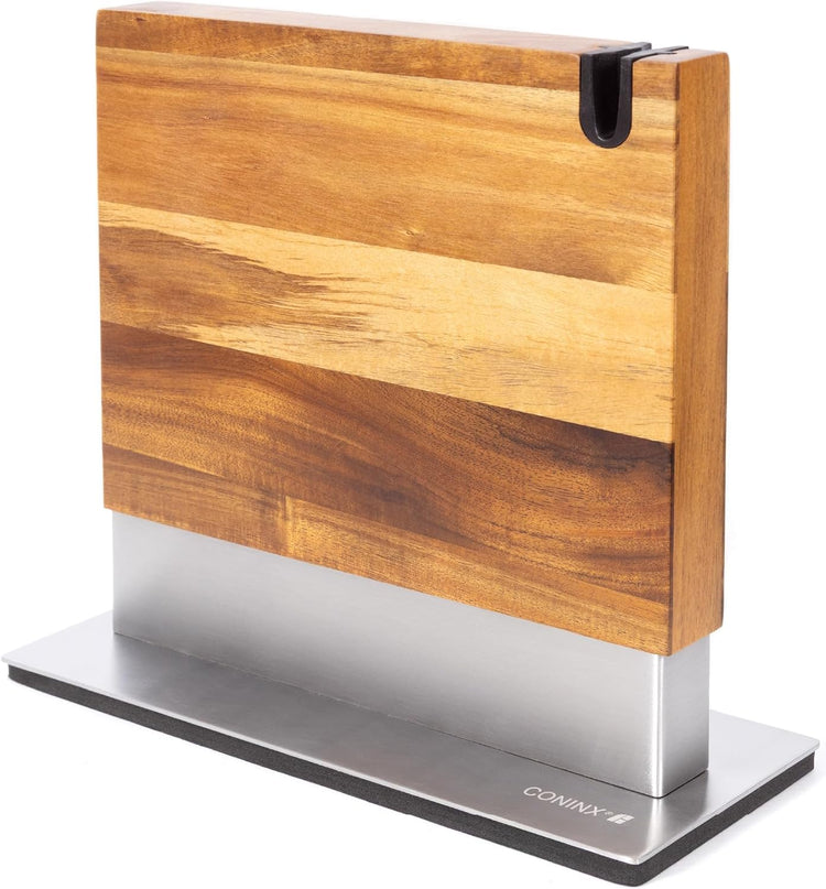 Coninx Magnetic Knife Block with Integrated Sharpener - Double Sided Walnut Wood Knife Holder - Universal Knife Stand with Non-Slip Base for Kitchen Countertop