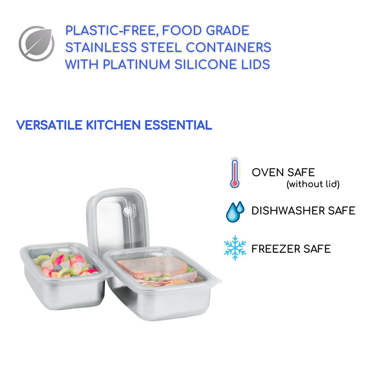 Stainless Steel Food Storage Containers with Clear Platinum Silicone Lids (3 Count)