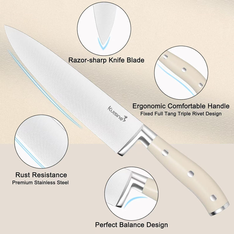 Kuisine Chef Knife Set,High Carbon Stainless Steel Sharp Knife Set Ergonomic Handle,Kitchen Knife Block Set with Built-in Sharpener(Ivory Pro,15PCS)