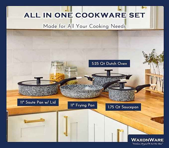 Waxonware 7pc Nonstick Cookware Set, Granite Pots and Pans Set Nonstick - Dishwasher Safe and 100% PFOA & PTFE Free - Kitchen Pot and pan set - Stonetec Series