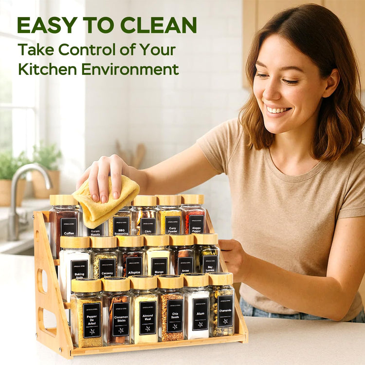 3 Tier Bamboo Spice Rack Organizer with 18 Empty 4 oz Glass Spice Jars