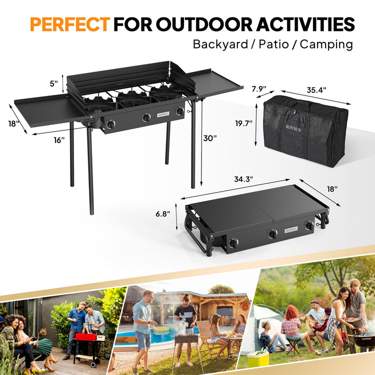 3 Burner Propane Gas Stove with Side Shelf & Carrying Bag