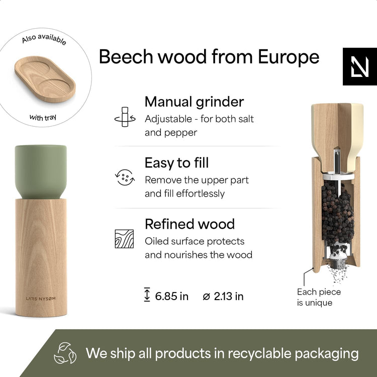 LARS NYSØM Wooden Salt and Pepper Grinder Set Manual - Salt and Pepper Mills with Adjustable Ceramic Grinder - Elegant Beechwood Pepper and Salt Mill Set for Dining Table (Green/Beige)