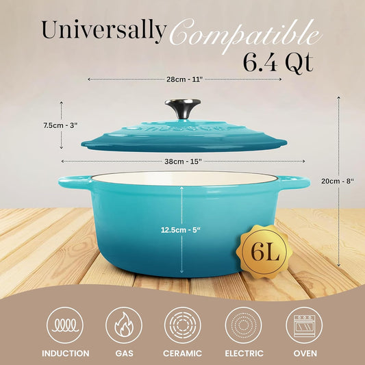 Nuovva Enamelled Cast Iron Dutch Oven Pot with Lid – 6.4 Quart Non Stick Casserole Pot – Heavy Duty & Oven Safe up to 500° F for Bread Baking, Braising, Stews, Roasting – 28cm Teal - Nestoria