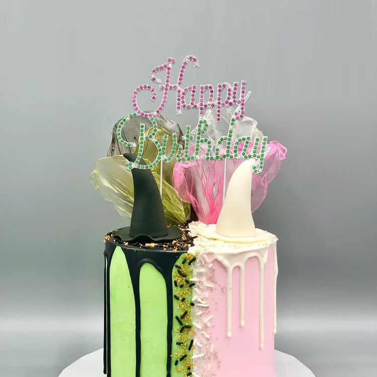 Happy Birthday Cake Topper Pink & Green Rhinestones Witch MovieThemed Cake Topper for Birthday Party Decorations