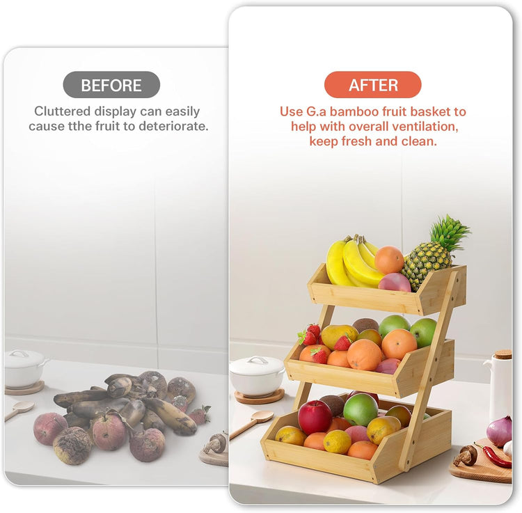 G.a HOMEFAVOR Bamboo Fruit Basket, Fruit Organizer for Kitchen Counter, Vegetable Storage Stand, 15 mm Thickness (Self-assembly)