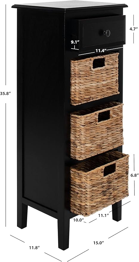 SAFAVIEH Home Collection – Michaela Distressed Black Storage Unit with Woven Basket Drawers, British Colonial Farmhouse Accent Storage, Fully Assembled (AMH5744A)