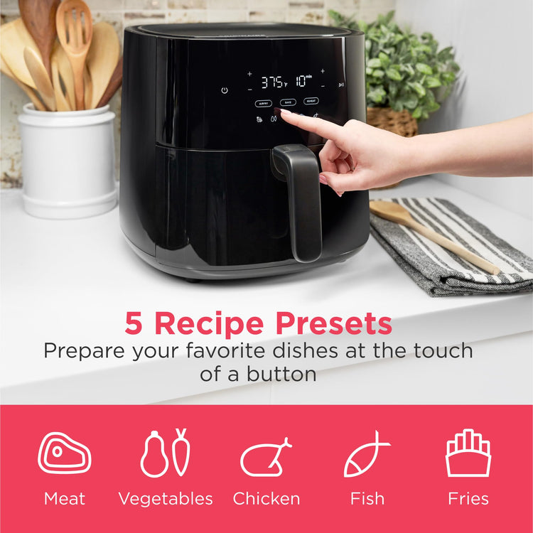 3-in-1 Air Fryer, Large 5.3 QT Capacity, Digital Display, 3 Cooking Modes, 5 Recipe Presets, Automatic Shake Reminder, PFAS-Free Cooking Surfaces, Black
