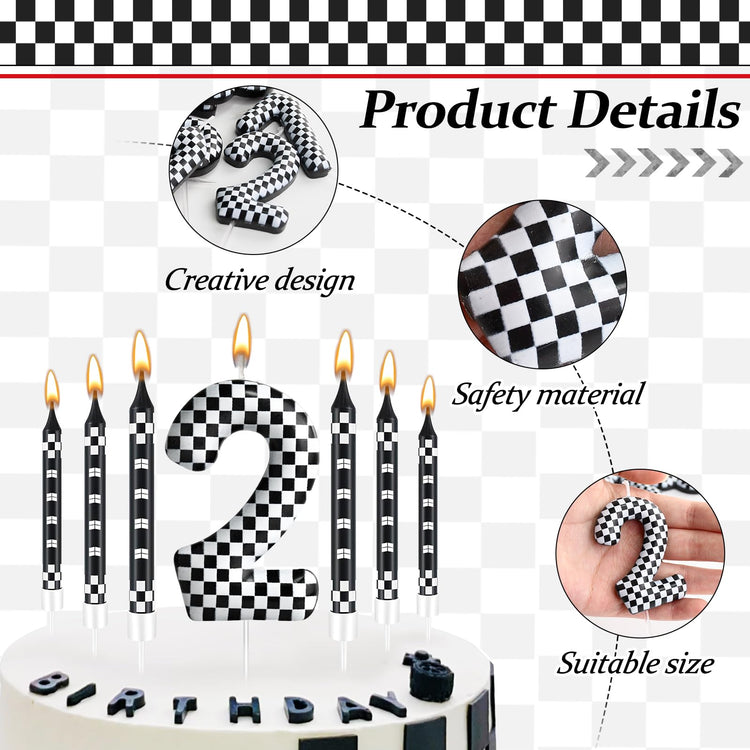 13 Pcs Racing Cars Themed Birthday Candles Black and White Race Number 2 Checkered Candle Cake Topper for Racing Car Party Decoration Supplies (13 Count)