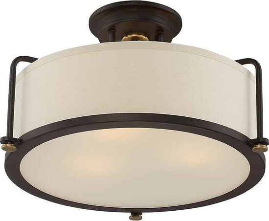 Quoizel Rigel Semi-Flush Mount Ceiling Light Fixture, 18 Inch 3-Light 100W Western Bronze Hanging Light with Beige Fabric & Frosted Glass Shade for Hallway, Kitchen, Bedroom, Living Room or Office