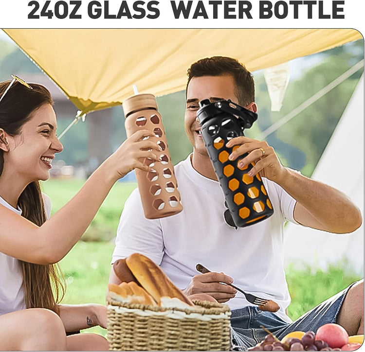 MUKOKO Glass Water Bottles, 24oz Glass Tumbler with Straw, Drinking Bottles with 2 Lids-Handle Spout Lid&Bamboo Straw Lid, Motivational Water Bottle with Time Marker and Silicone Sleeve, 1 Pack-Amber