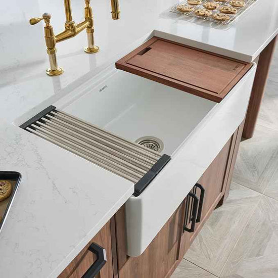 Ruvati 33 inch Fireclay Workstation Kitchen Sink - White Farmhouse Kitchen Sinks - Apron Front Sinks Single Bowl - MADE IN ITALY- RVL2387WH