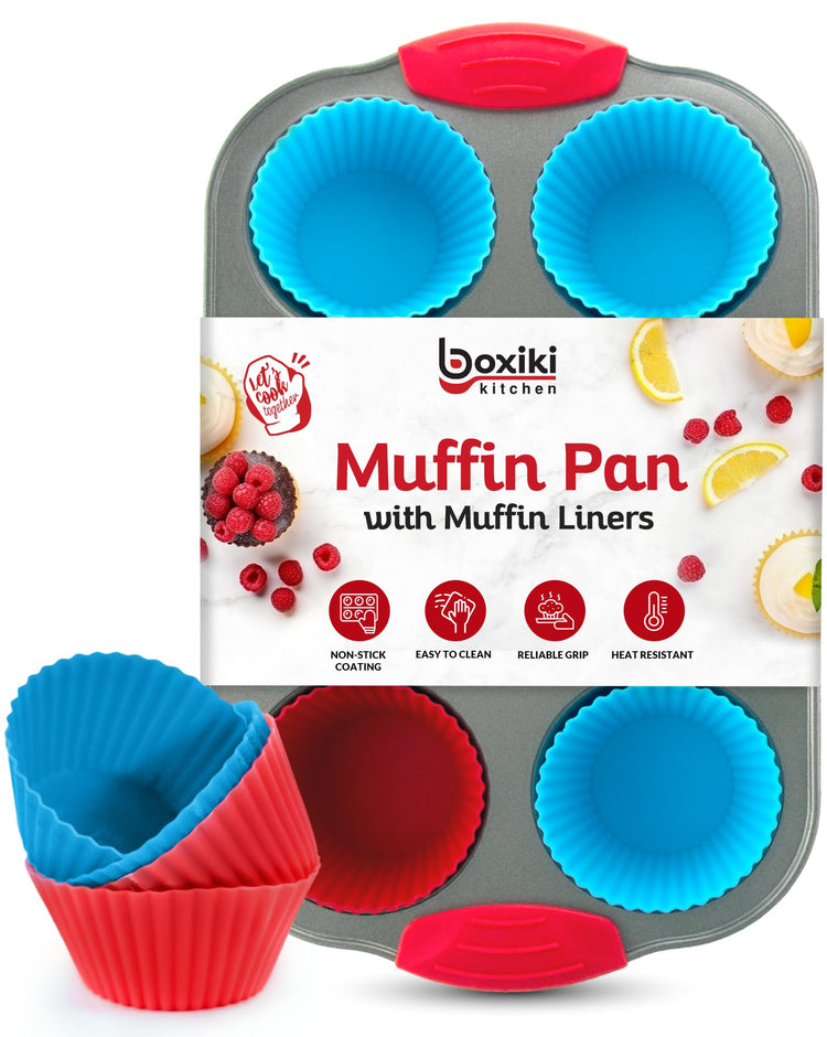 Non Stick Steel 6 Cup Muffin Pan with Silicone Handles and Reusable Liners