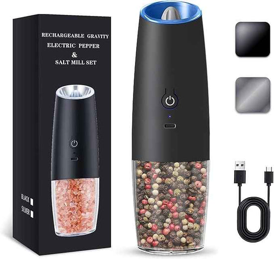 Rechargeable Electric Salt and Pepper Grinder, gravity electric salt and pepper grinder, Adjustable Roughness, LED Light, 1 Pack, (Black)