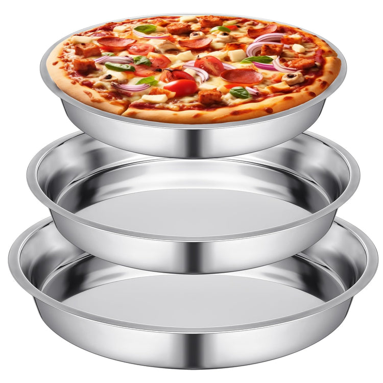 3 Pcs 16 14 10 Inch Large Deep Pizza Pans Stainless Steel Pizza Tray Round Oven Tray Rust Proof Reusable Bakeware Cooking Pan Dishwasher Safe for Baking (3 Count)