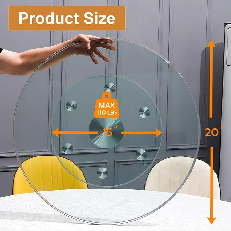 20" Tempered Glass Lazy Susan Turntable, 360° Silent-Spin Round Clear Tabletop Rotating Tray, Centerpiece for Dining Tables, Smooth Rotation, for Banquets, Weddings & Family Gatherings