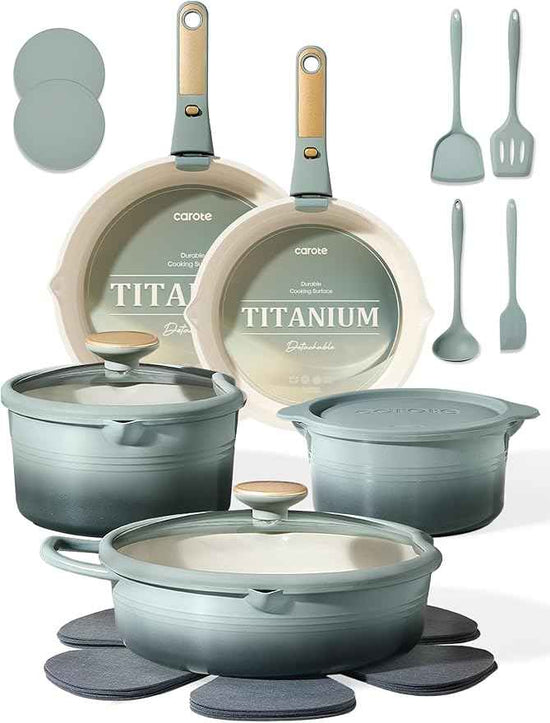 CAROTE 20Pcs Titanium Cookware Set, Pots and Pans Set Non Stick, Kitchen Cooking Set with Detachable Handle, Non Toxic Induction Cookware, Dishwasher/Oven Safe