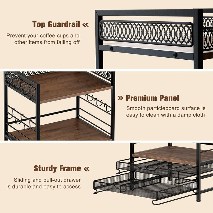 Coffee Bar Organizer, 4 Tier Coffee Station Organizer for Countertop, 30 K Cup Pod Drawer, Mug Cup Holder Stand with 12 Hooks, Multifunctional K Pods Shelf Storage Holder Drawer