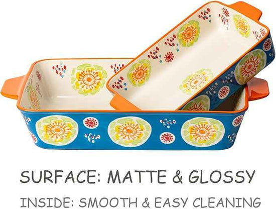 Ceramic Baking Dish Set, 2-Piece Stoneware Bakeware with Handles, 3QT & 1.2QT Casserole Dishes for Oven to Table, Microwave Dishwasher Safe, Lead-Free, Hand-Painted Bakeware -Ocean Blue