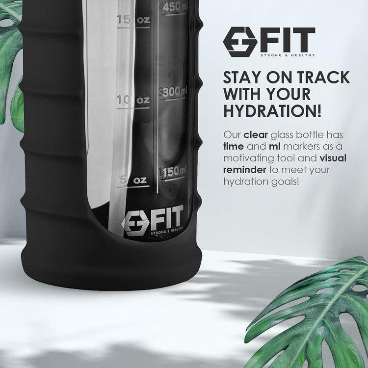 FIT Strong & Healthy 32 oz Glass Water Bottle with Straw Lid, Time Marker, Sleeve & Extra Lid - Motivational, Wide Mouth 1 Liter Glass Drinking Bottle