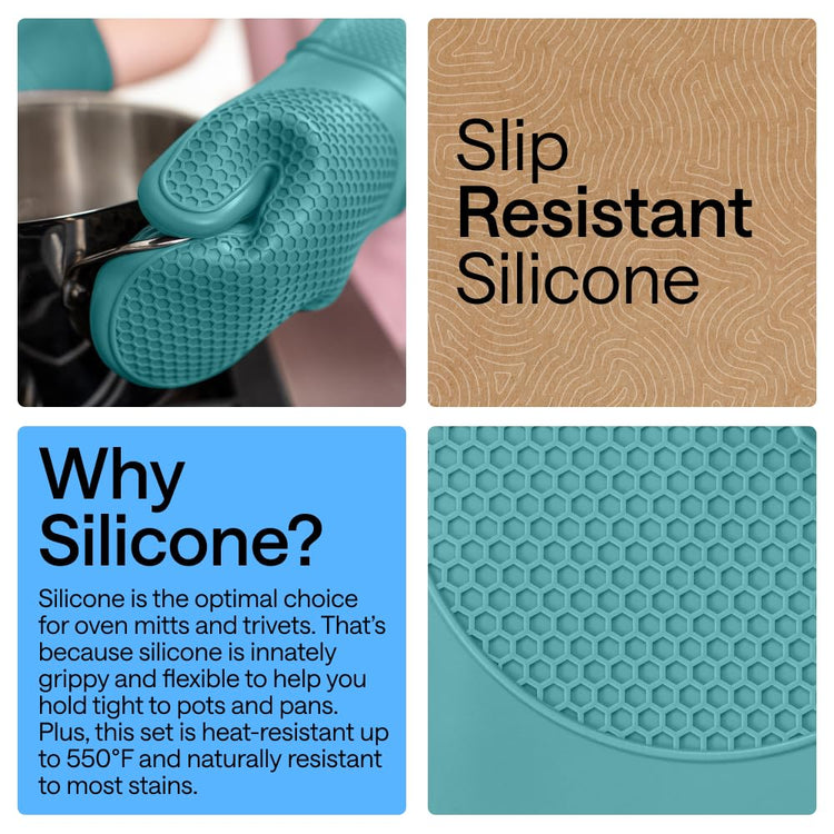 BPA Free Soft Silicone Oven Mitts and Pot Holders Sets (4 Count)
