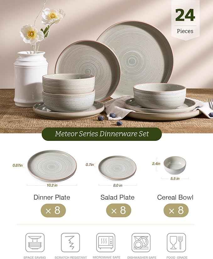 Famiware Meteor Plates and Bowls Sets, 24-Piece Stoneware Dinnerware Sets, Dishes Set for 8, Microwave and Dishwasher Safe Tableware, Matcha Green