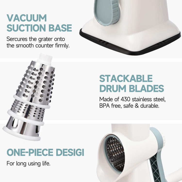Rotary Cheese Grater with Handle Kitchen Shredder Slicer Grater Slicer Ice Shaver Cheese Vegetable Nuts Potato Zucchini Chocolate 3 Interchangeable Blades