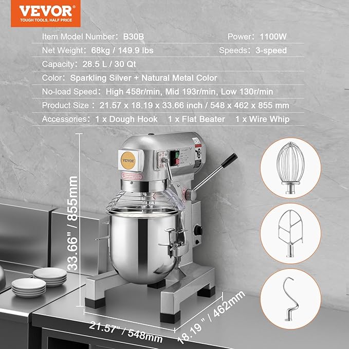 VEVOR Commercial Food Mixer 30Qt, Commercial Mixer with 3 Adjustable Speeds, 1100W Dough Mixer,Commercial Stand Mixer with Stainless Steel Bowl