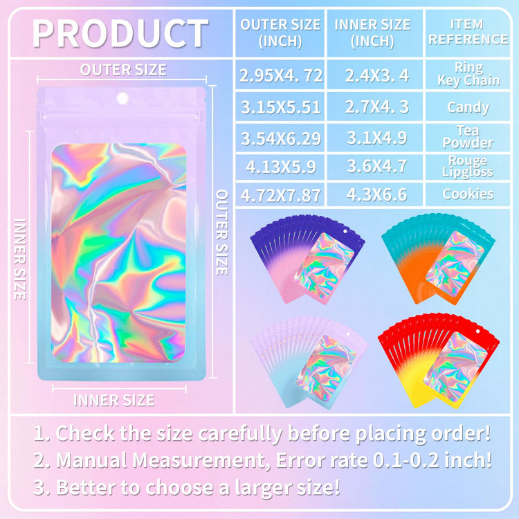 200 Pack Resealable Mylar Holographic Bags Food Storage Smell Proof Bags with Front Window Foil Packaging Pouch for Candy Sample Jewelry Small Business 4.72×7.87 Inch (200 Count)
