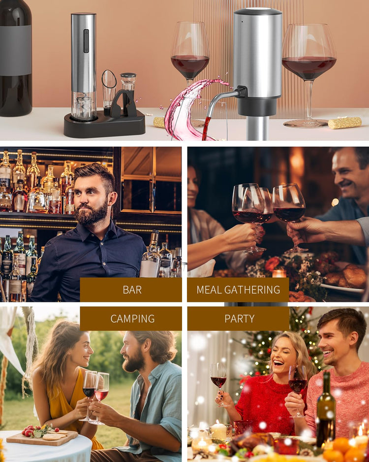 6-in-1 Electric Wine Opener Set Rechargeable Stainless Steel Wine Opener Gift Set with Foil Cutter, Rechargeable & Manual Wine Aerator Pourers, Vacuum Wine Stopper and Storage Base, Silver (6 Count)
