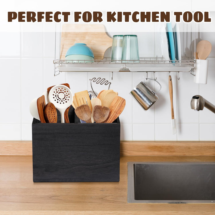 Wooden Kitchen Utensil Caddy With 2 Compartments