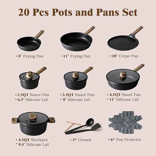 SENSARTE 20Pcs Nonstick Pots and Pans Set, Black Titanium Non Stick Cookware Set, Healthy Kitchen Cooking Set, Induction Compatible, Dishwasher Safe, PFOA/PFOS Free