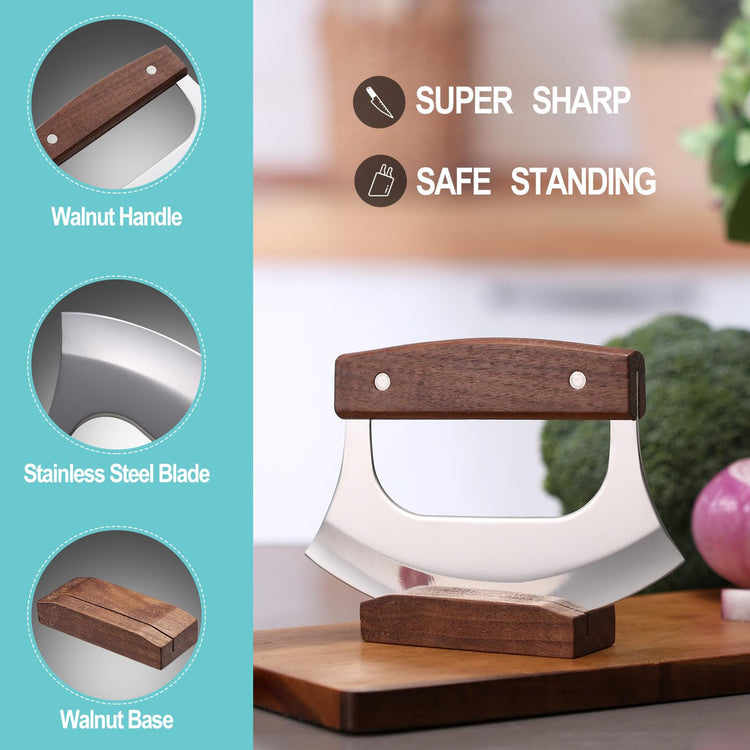 Ulu Knife with Stand for Cutter Pizza Meat Vegetables Herb Salad