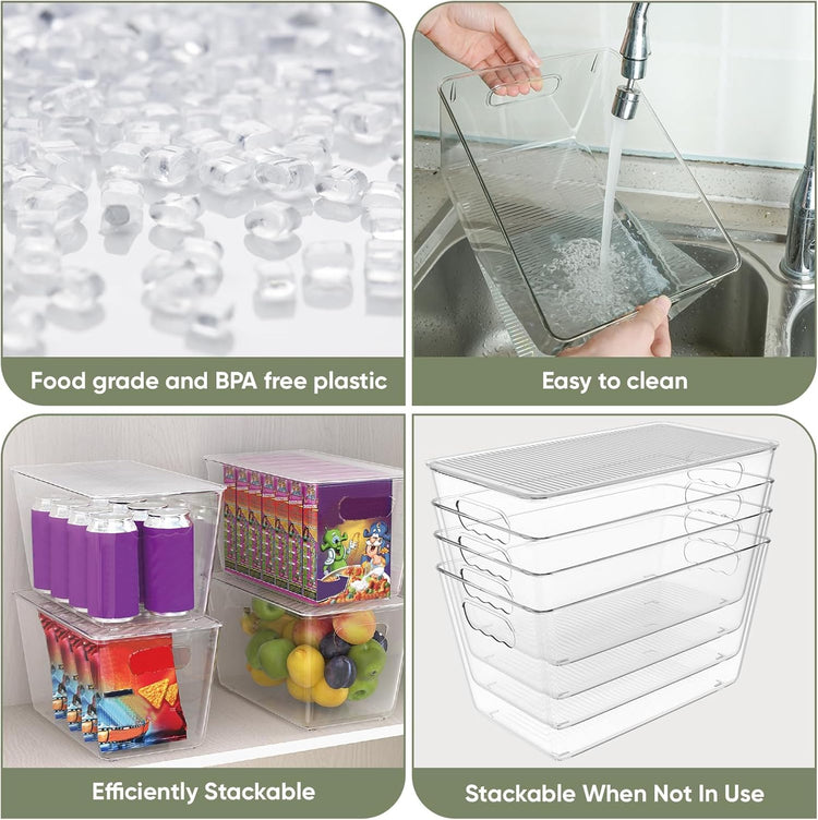 BALEINE Clear Stackable Storage Bins with Lids, Plastic Containers with Handle for Pantry Organizers and Storage, Plastic Bins for Fridge, Kitchen, Bathroom, Cabinet (10x6x5, 4PK)