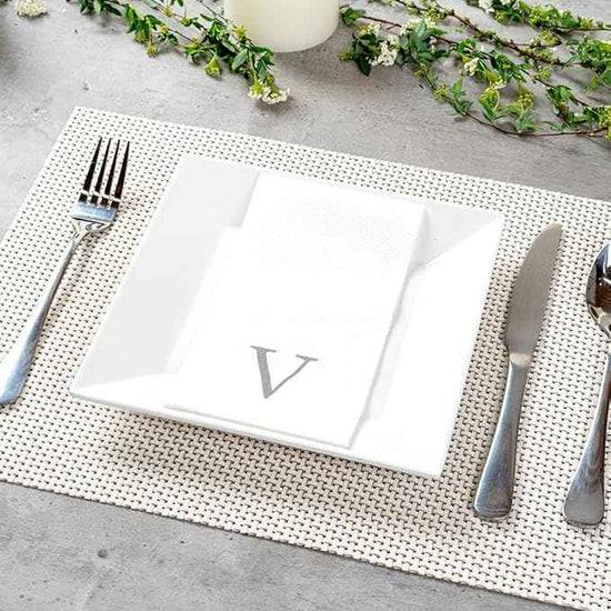 Luxenap 15.8 X 7.9 Inch Linen-Feel Guest Towels, 2000 Lettered Hand Towels - Silver Letter 'V', Sans Serif Font, White Paper Dinner Napkins, airlaid, For Restrooms And Tables - Restaurantware