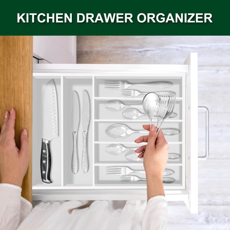 White Utensil Organizer 12.5 Inch Silverware Tray for Drawer Utensil Holder Cutlery Organizer Kitchen Drawer Organizer 7 Compartment Small Narrow Bamboo