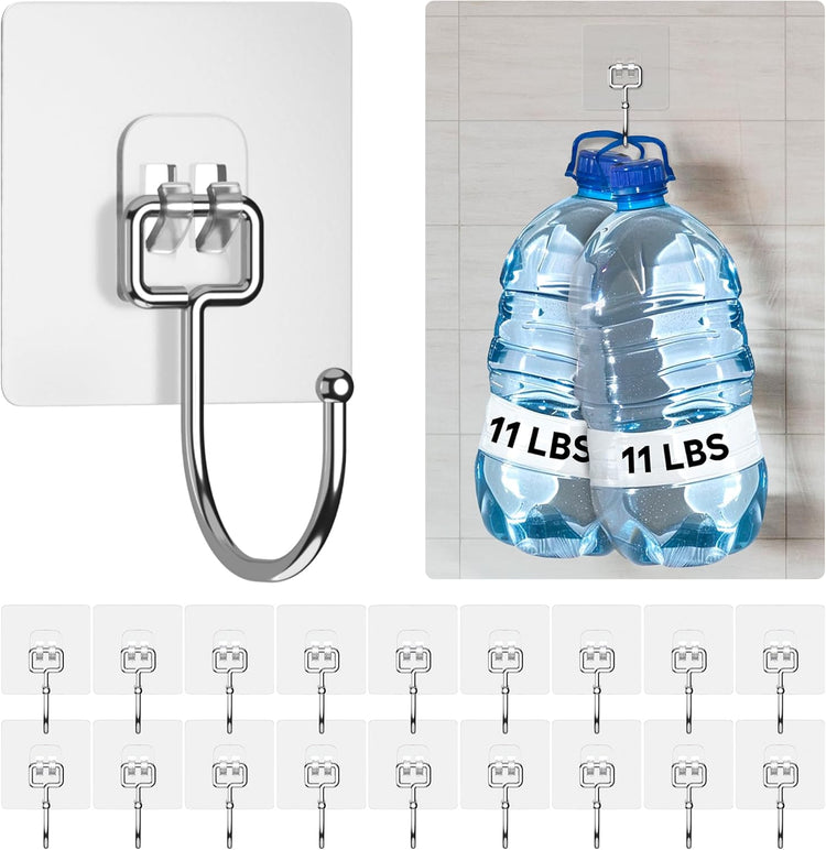 GLUIT Adhesive Large Wall Hooks for Hanging Heavy Duty 22 lbs Hooks for Walls No Damage 18 Pack