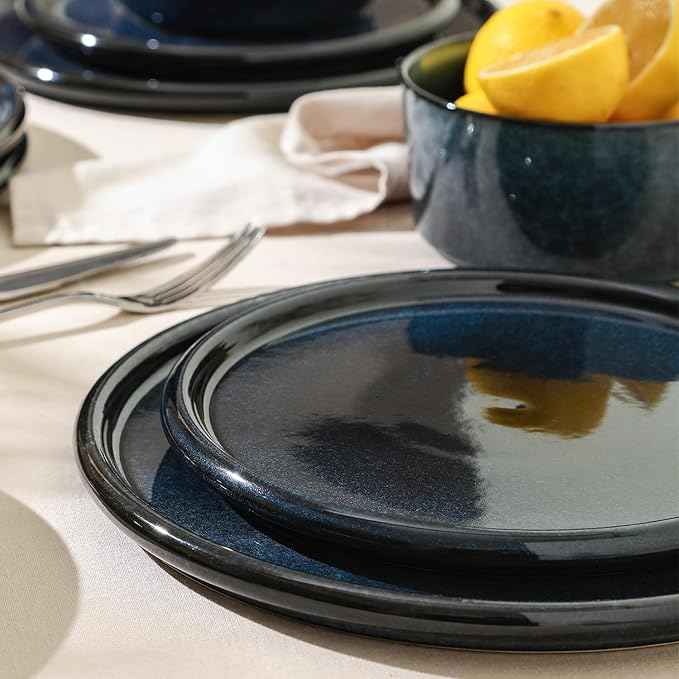 Stone Lain Eden 24-Piece Dinnerware Set Stoneware, Plates and Bowls Set, Dishwasher and Microwave Safe Dish, Dish Set for 8, Dark Blue