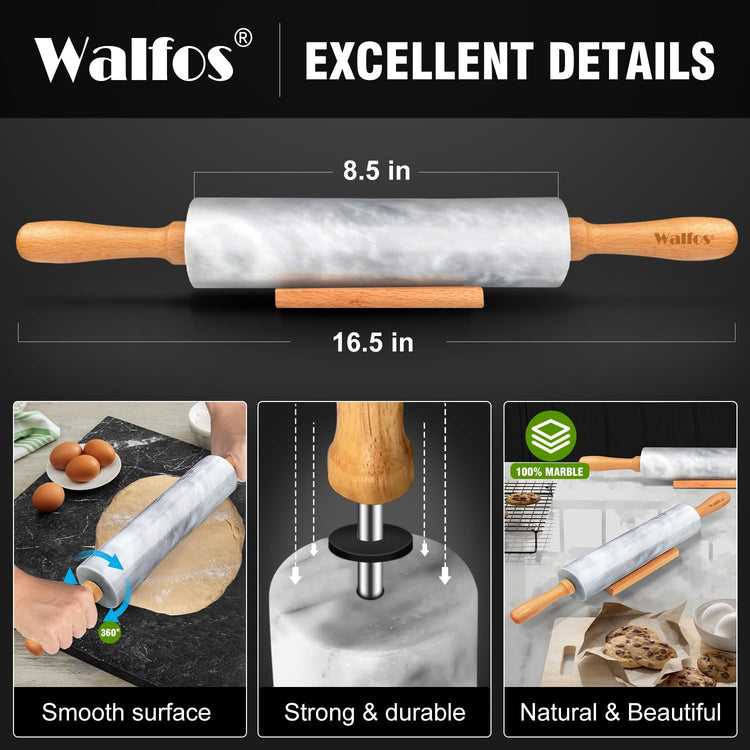 Marble Rolling Pin With Wooden Handles & Wood Cradle