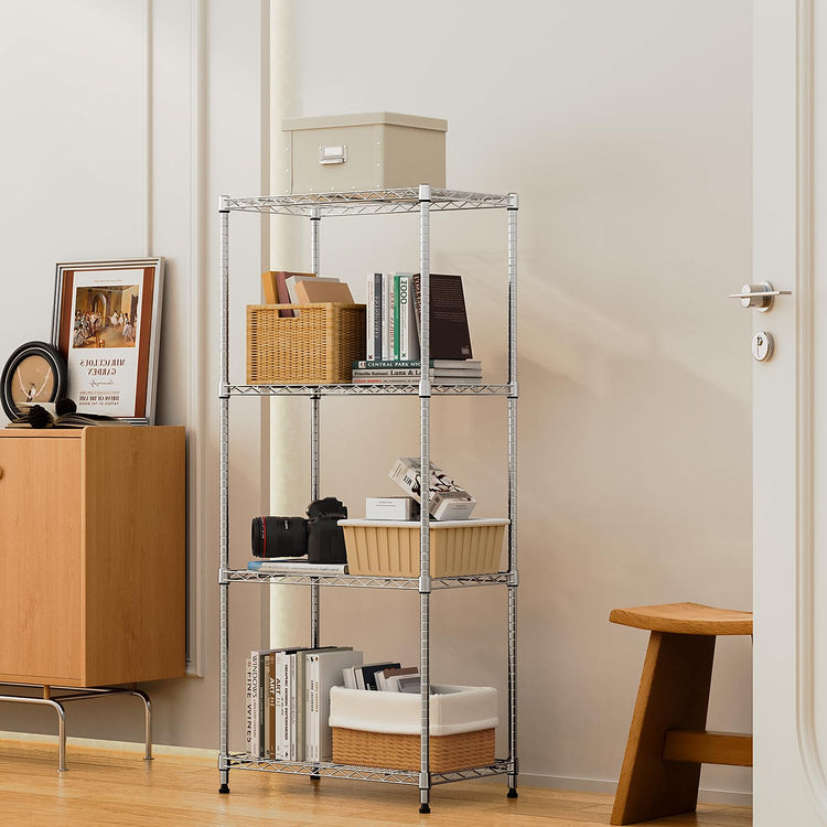 1000 lbs 4Tier Shelf Metal Storage Shelves Wire Rack Closet Organizers with Wheel for Garage Kitchen Bathroom Laundry Chrome 13.7" D x 23.6" W x 53.4" H (4 Count)