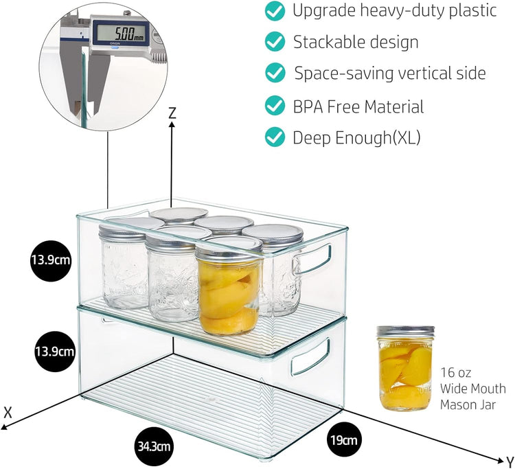Hudgan 8 PACK Stackable Pantry Organizer Bins (3 sizes) - Clear Fridge Organizers for Kitchen, Freezer, Countertops, Cabinets - Plastic Food Storage Container with Handles for Home and Office