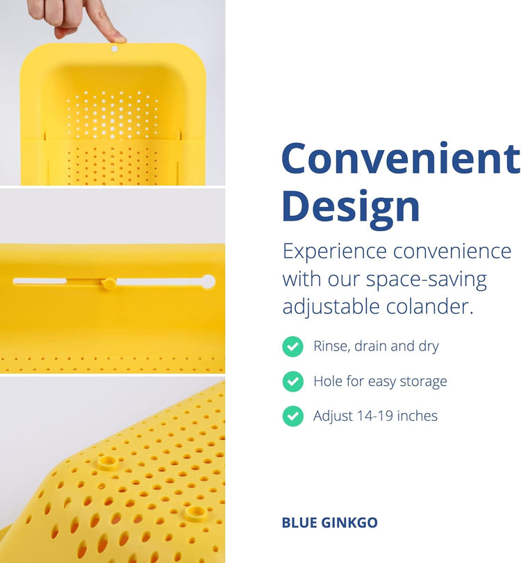 BLUE GINKGO Over the Sink Colander Strainer Basket - Wash Vegetables and Fruits, Drain Cooked Pasta and Dry Dishes - Extendable - New Home Kitchen Essentials (7.9 W x 14.5-19.5 L x 2.75 H) - Yellow