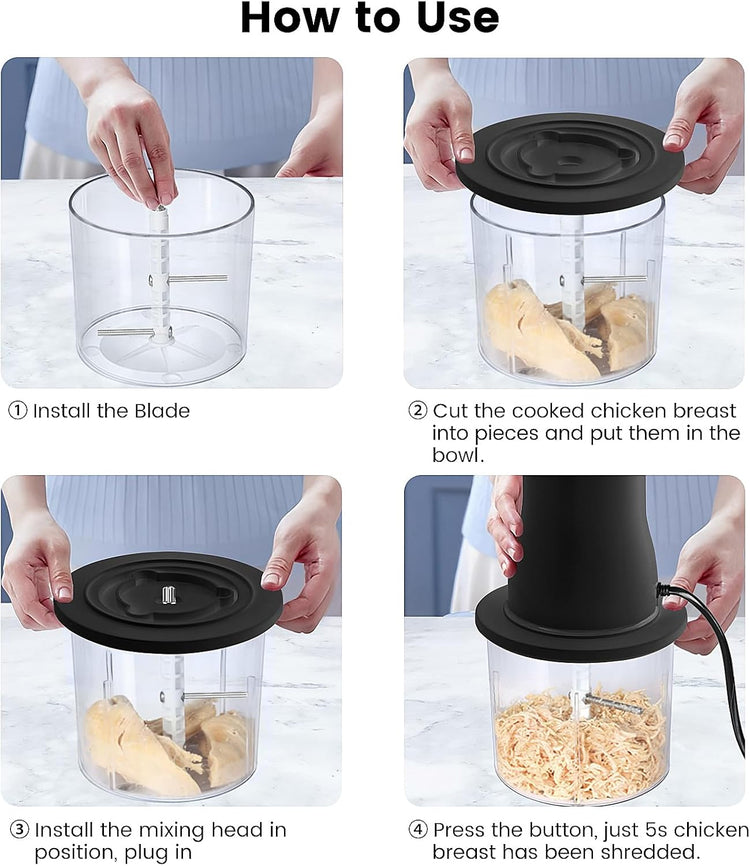 Electric Chicken Shredder, Automatic Food Chopper with Chicken Breast Shredder & Meat Grinder, 2 Sets of Blades for Chicken/Pork/fish/Vegetable/Baby Food (Black)